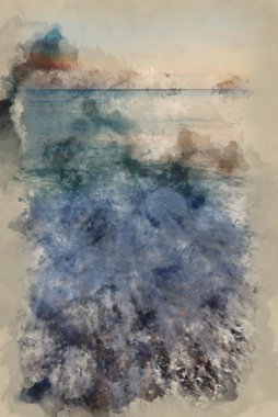 Gün batımında sakin okyanusun güzel uzun deniz manzarası