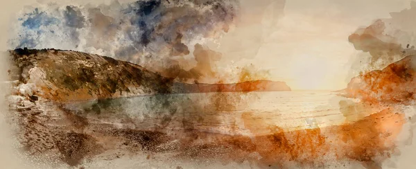 Pintura Acuarela Del Paisaje Panorámico Del Amanecer Sobre Lulworth Cove — Foto de Stock