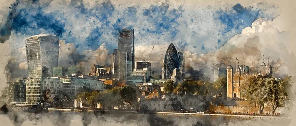 Pintura Acuarela Del Paisaje Ciudad Londres Edificios Emblemáticos — Foto de Stock