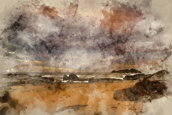 Malarstwo Akwarelowe Wspaniały Krajobraz Wschodu Słońca Godrevy Latarni Morskiej Wybrzeżu — Zdjęcie stockowe