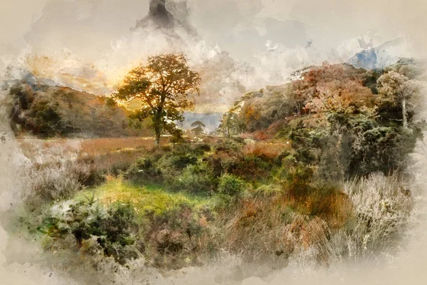 Gyönyörű Köd Ködös Őszi Napkelte Felett Vidéken Környező Crummock Víz — Stock Fotó