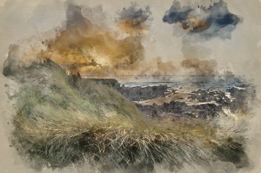 Pembrokeshire Galler 'deki kum tepecikleriyle Tatlı Su Batı Sahili' nin suluboya resmi.