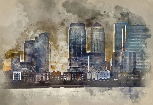 Watercolour Painting View London City Skyline Night Clear Sky Reflections — Stock Photo, Image