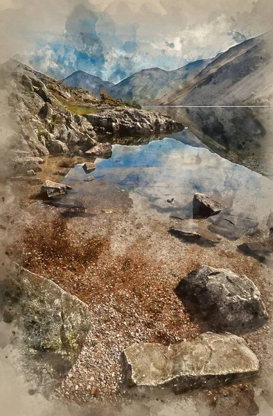 Pintura Acuarela Del Impresionante Paisaje Wast Water Lake District Peaks — Foto de Stock