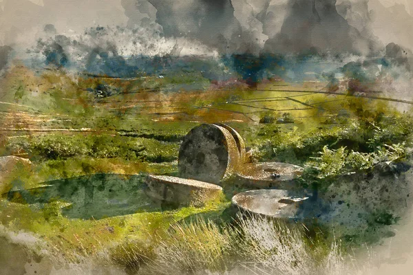 Akvarel Obrazu Krajiny Mlýnských Kamenů Vrcholu Stanage Edge Okrese Peak — Stock fotografie