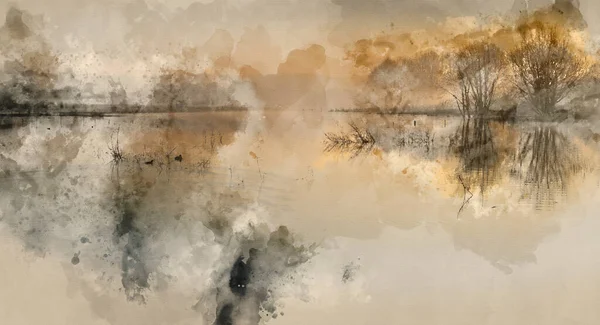 雾气中美丽宁静的湖景水彩画 — 图库照片