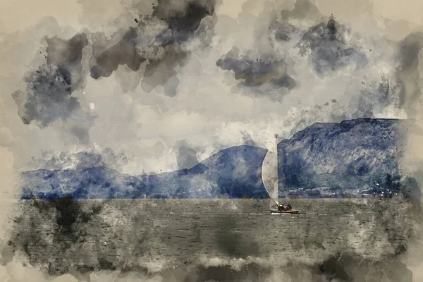 Watercolour Painting Small Sailing Boat Menai Straits Anglesey Wales — Stock Photo, Image