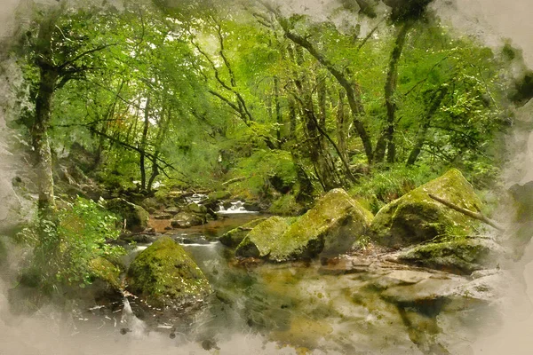 Akvarel Malba Krajiny Iamge Řeky Tekoucí Svěží Zelený Les Létě — Stock fotografie