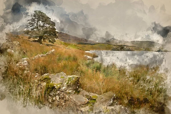 Pittura Acquerello Del Paesaggio Serale Immagine Del Lago Llyn Dywarchen — Foto Stock