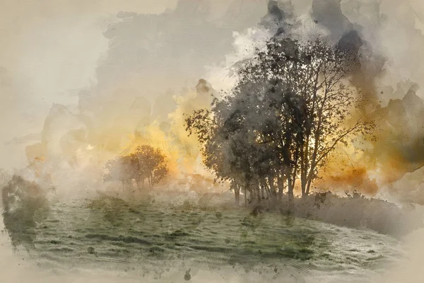 Aquarelle Peinture Brouillard Étonnantaulever Soleil Automne Image Paysage Campagne Anglaise — Photo