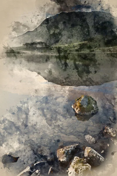 Malarstwo Akwarelowe Krajobraz Wsi Góry Pięknym Porannym Świetle Odbitym Spokojnym — Zdjęcie stockowe
