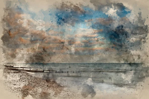 Akvarell Målning Vacker Solnedgång Landskap Bild Piren Till Havs Worthing — Stockfoto