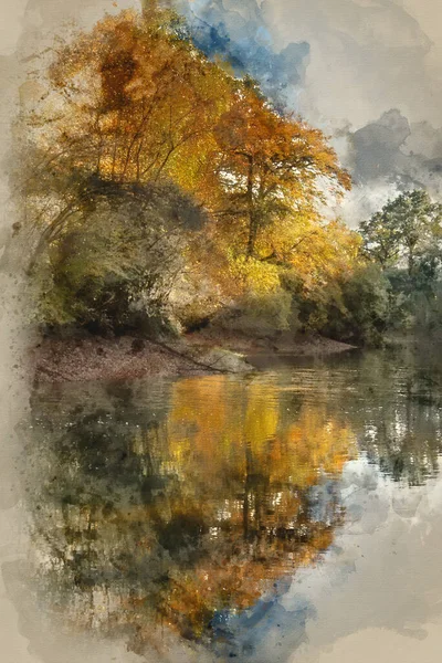 Watercolor Painting Beautiful Autumn Landscape Lake Forest — Stock Photo, Image