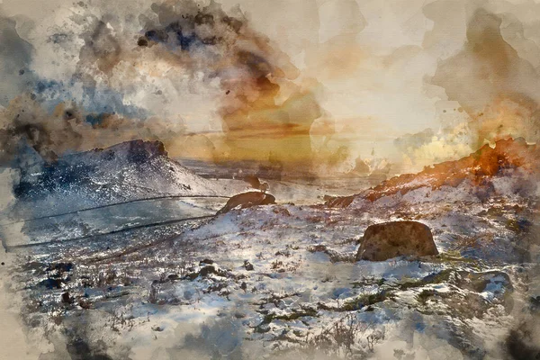 Aquarela Pintura Impressionante Pôr Sol Inverno Sobre Paisagem Rural Com — Fotografia de Stock