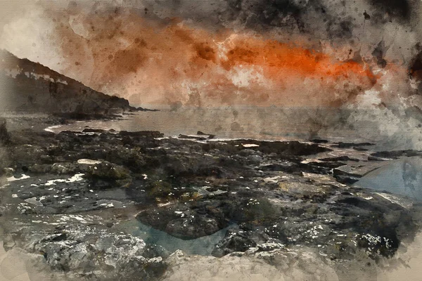 Pintura Acuarela Sunrise Una Piscina Oceánica Primavera Costa Cornwall Inglaterra — Foto de Stock