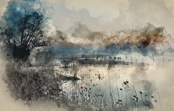 Pittura Acquerello Bellissimo Paesaggio Tranquillo Del Lago Nella Nebbia — Foto Stock