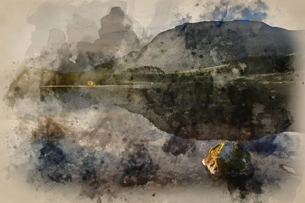Malarstwo Akwarelowe Krajobraz Wsi Góry Pięknym Świetle Poranka Odzwierciedlone Spokojnym — Zdjęcie stockowe