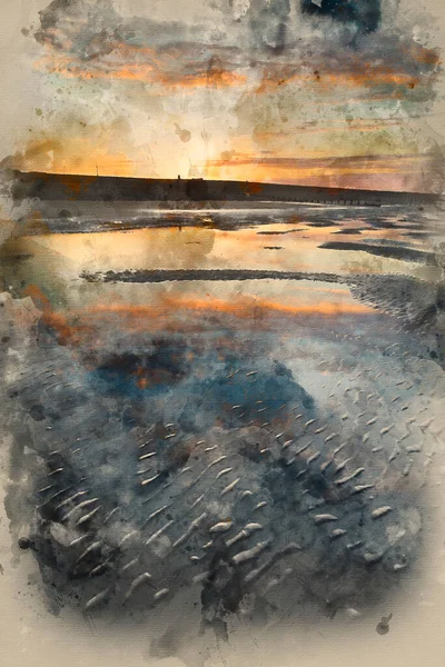 美丽日出的水彩画 反映在海滩景观的低潮水池中 — 图库照片