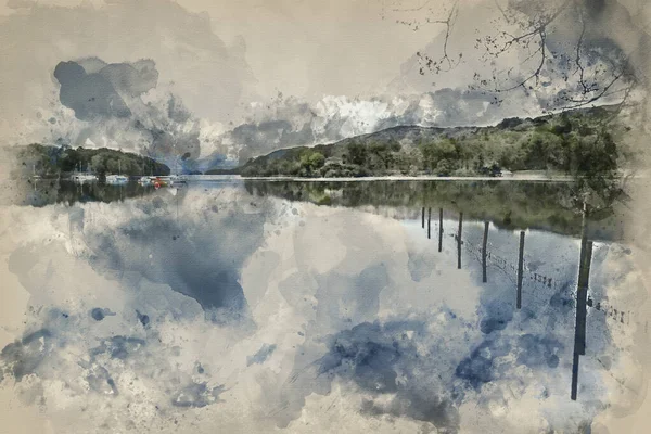 Aquarela Pintura Calma Moody Noite Paisagem Sobre Coniston Água Lake — Fotografia de Stock
