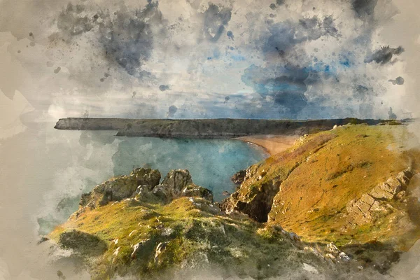 Akvarell Festmény Gyönyörű Napkelte Táj Kép Barafundle Bay Pembrokeshire Tengerparton — Stock Fotó