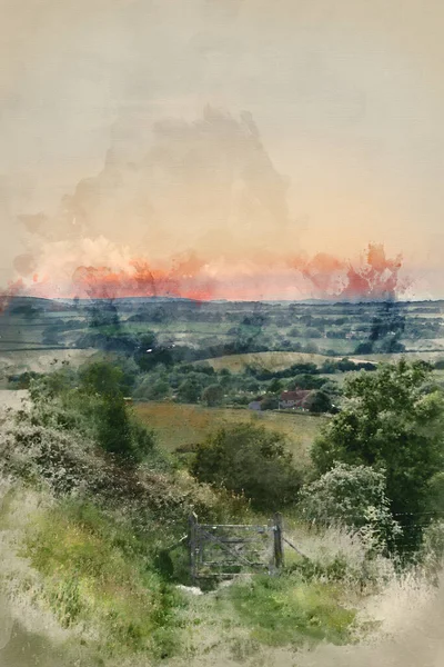 Aquarell Malerei Der Englischen Landschaft Sommer Sonnenuntergang Licht — Stockfoto