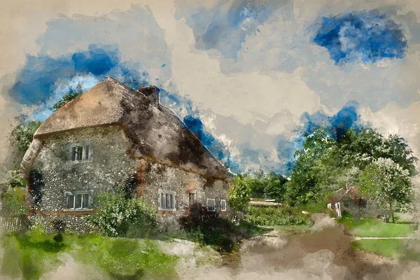 Aquarellmalerei Des Alten Englischen Dorfhauses Auf Dem Land — Stockfoto