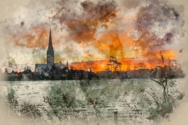 Watercolor Painting Winter Sunrise Landscape Salisbury Cathedral City England — Stock Photo, Image