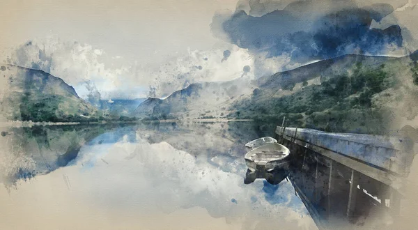 Aquarelverf Schilderij Van Gezicht Snowdon Van Llyn Nantlle Met Reflecties — Stockfoto