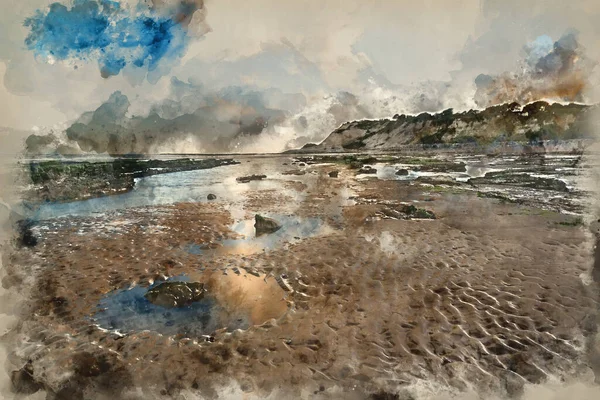Akvarel Malba Krásné Plážové Krajiny Pozdě Létě Večer — Stock fotografie