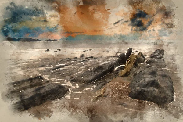 岩の海岸線の頑丈な長時間露光風景の水彩画 — ストック写真