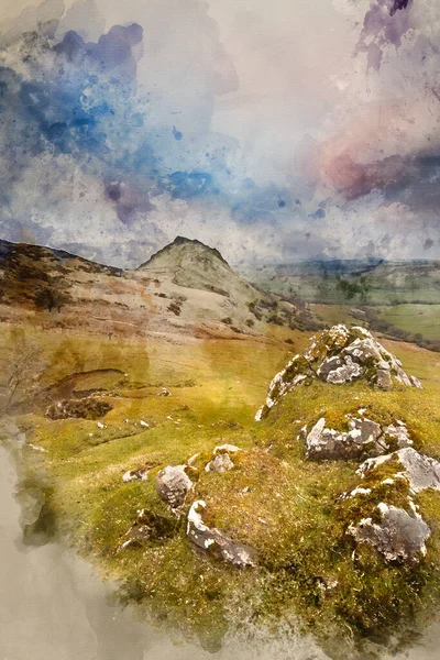 Watercolour Painting Stunning Landscape Chrome Hill Parkhouse Hill Dragon Back — Stock Photo, Image