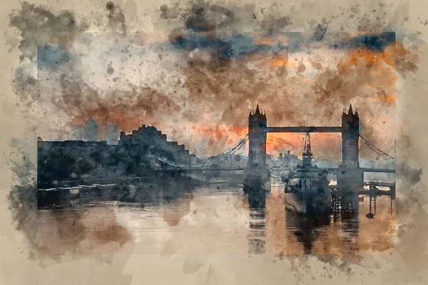 Vízfestés Lenyűgöző Őszi Napkelte Felett Tower Bridge Temze Folyó Londonban — Stock Fotó