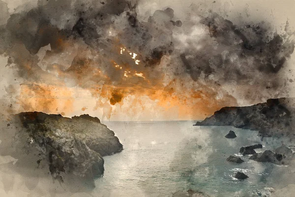 Aquarell Von Frühlingssonnenuntergang Bei Flut Kynance Cove — Stockfoto