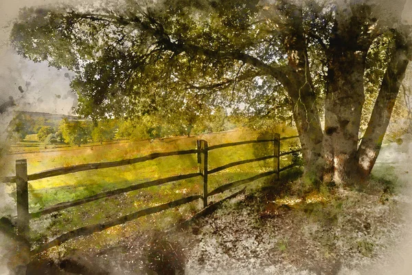 Pintura Aquarela Bela Paisagem Rural Inglesa Outono — Fotografia de Stock