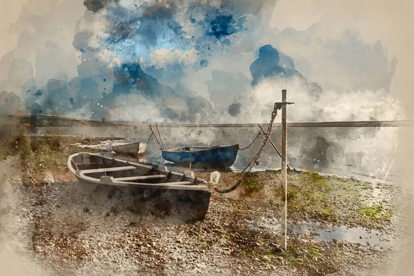 Картина Акварелью Красивый Пейзаж Заката Лодки Пришвартованы Fleet Lagoon Дорсет — стоковое фото