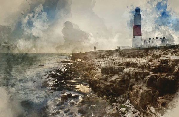 Akvarell Målning Seascape Landskap Vågor Kraschar Stenar Vackra Vinterdag Runt — Stockfoto