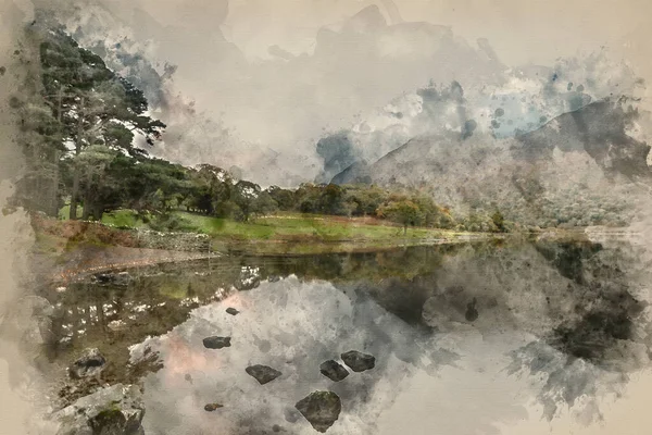 Aquarellmalerei Von Atemberaubender Herbst Landschaft Bild Von Crummock Water Bei — Stockfoto