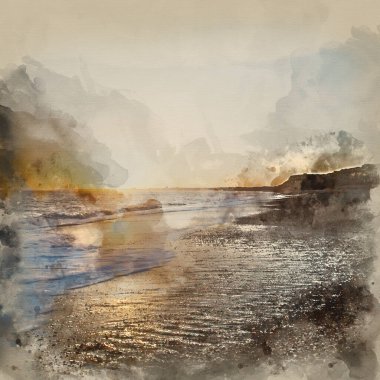 Sahilde güzel bir gün batımının suluboya tablosu.