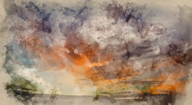 Göz kamaştırıcı mavi ve pembe gökyüzü günbatımının suluboya resmi