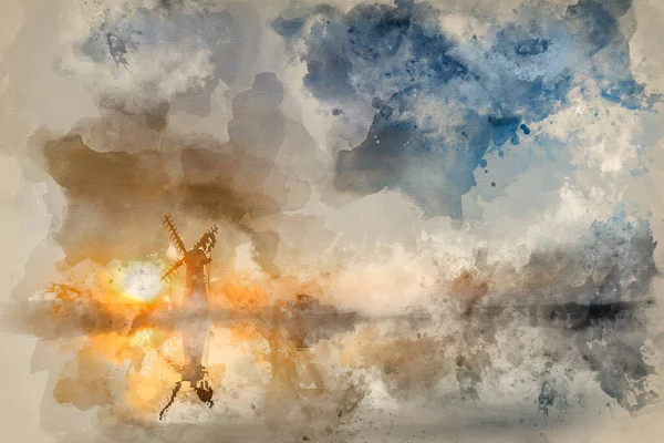 Akvarel Malba Stunnnig Krajina Větrného Mlýna Řeky Při Východu Slunce — Stock fotografie