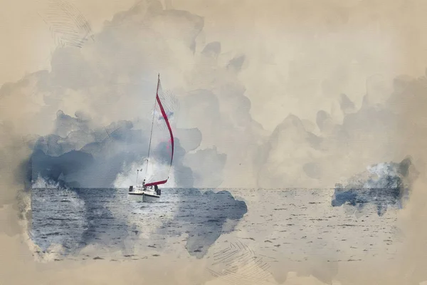 Watercolor Painting Calm Image Sailing Boat Soft Blue Sky Red — Stock Photo, Image