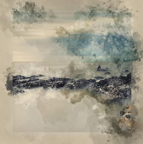 Pictura Acuarelă Peisajului Marin Culori Pastelate Mutate — Fotografie, imagine de stoc