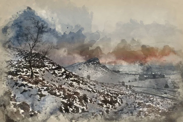 Güzel Kış Manzarasının Suluboya Resmi Gün Batımında Karla Kaplı Kırsal — Stok fotoğraf