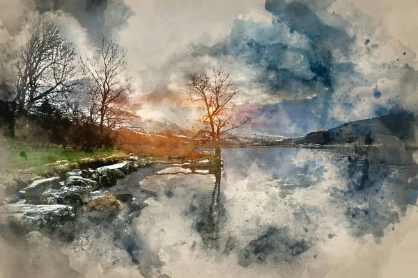 Malarstwo Akwarelowe Piękny Obraz Krajobrazu Wschodu Słońca Zimie Llyn Cwellyn — Zdjęcie stockowe