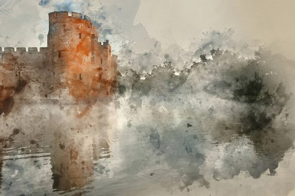 Malarstwo Akwarelowe Piękny Średniowieczny Zamek Fosa Wschodzie Słońca Mgłą Nad — Zdjęcie stockowe