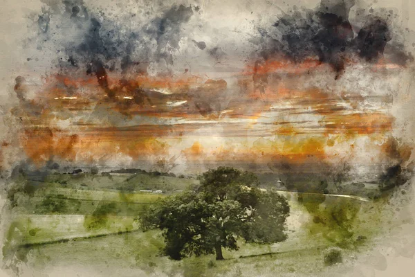 Aquarela Pintura Verão Pôr Sol Paisagem Steyning Bowl South Downs — Fotografia de Stock