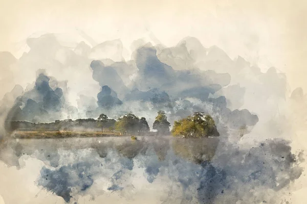 Pintura Acuarela Tranquilo Lago Con Niebla Colgando Sobre Agua Helado — Foto de Stock