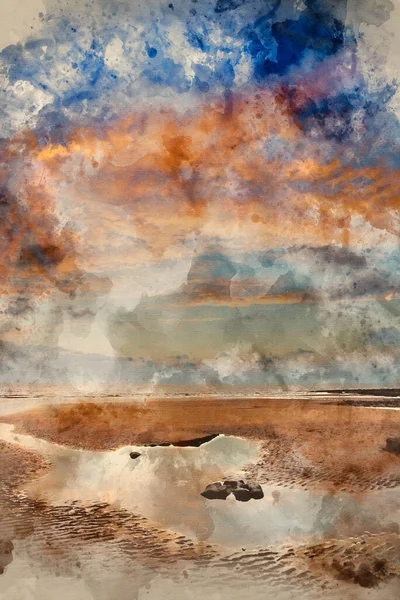 威尔士邓拉文湾日落美景的水彩画 — 图库照片