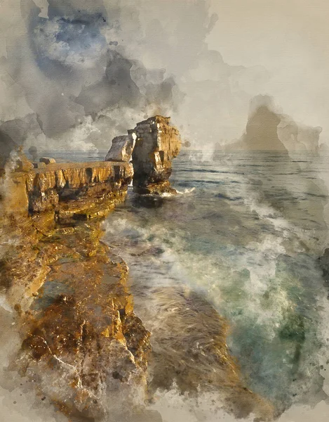 Watercolor Painting Waves Crashing Rock Formation Cliffs Sunset Beautiful Light — Stock Photo, Image