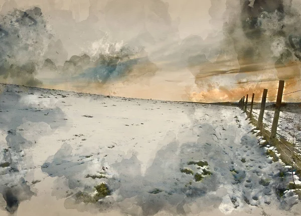 Akvarel Malba Zimní Sněhové Krajiny Přes Pole Zářícím Západem Slunce — Stock fotografie
